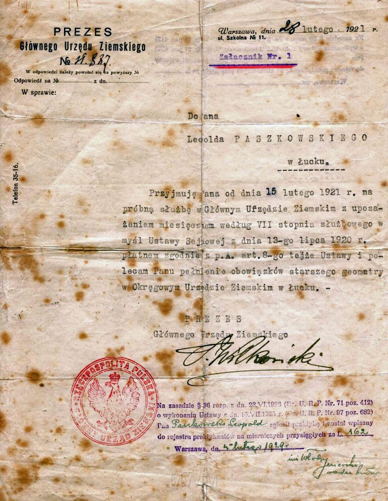 KKE 5947.jpg - Dok. Angaż Leopolda Kelofasa Paszkowskiego, Warszawa, 28 II 1921 r.